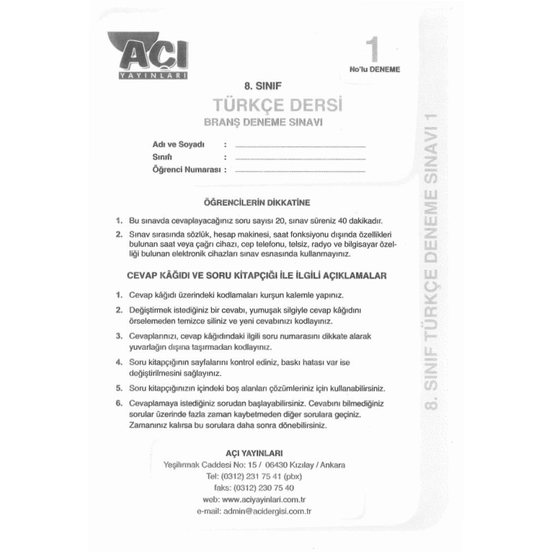 TÜRKÇE DERSİ BRANŞ DENEME SINAVI