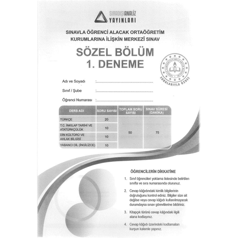 SÖZEL BÖLÜM 1. DENEME MERKEZİ SINAV
