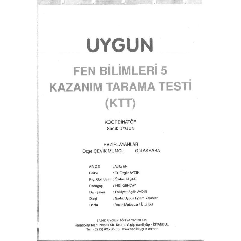 UYGUN FEN BİLİMLERİ KAZANIM TARAMA TESTİ