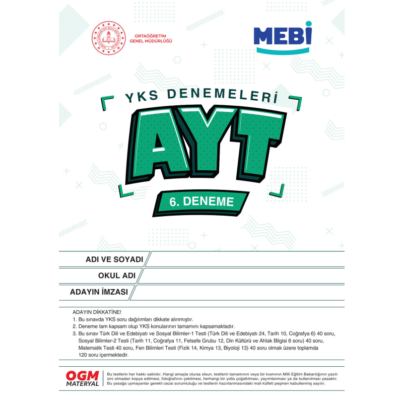 YKS Denemeleri AYT 6. Deneme MEBİ