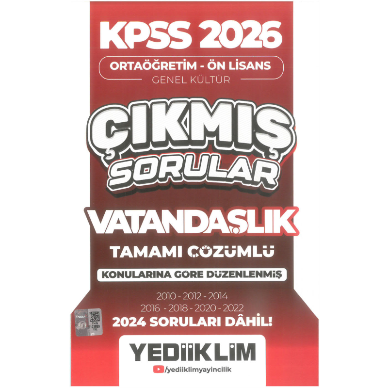2026 KPSS Ortaöğretim Ön Lisans Genel Kültür Vatandaşlık Tamamı Çözümlü Çıkmış Sorular(2024 soruları dahil) Yediiklim Yayınları