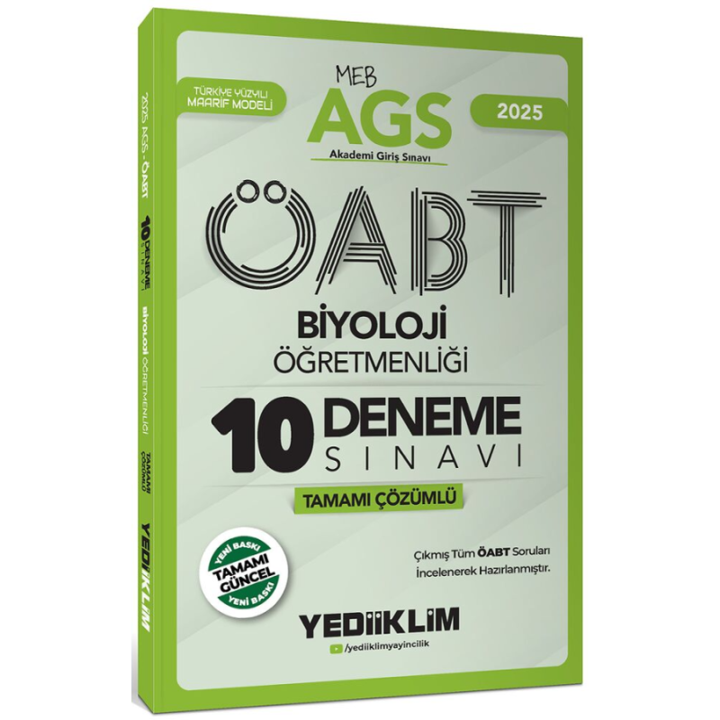 2025 MEB AGS ÖABT Biyoloji Öğretmenliği Tamamı Çözümlü 10 Deneme Sınavı Yediiklim Yayınları