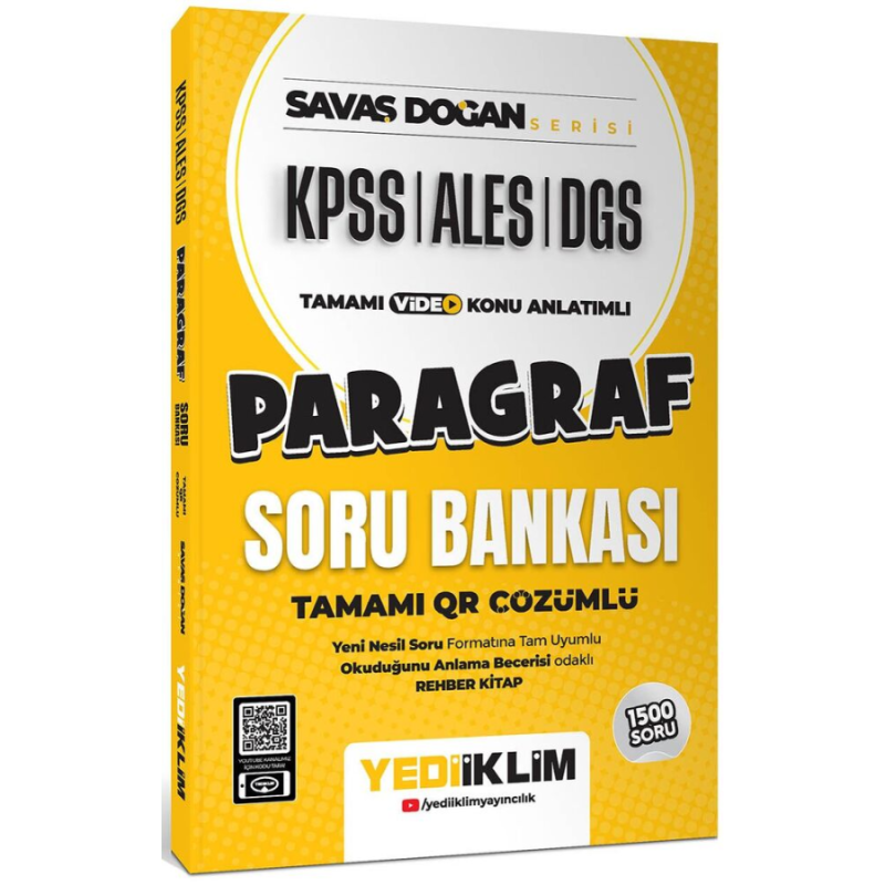 KPSS ALES DGS Savaş Doğan Serisi Paragraf Tamamı Video Konu Anlatımlı ve Tamamı QR Çözümlü Soru Bankası Yediiklim Yayınları