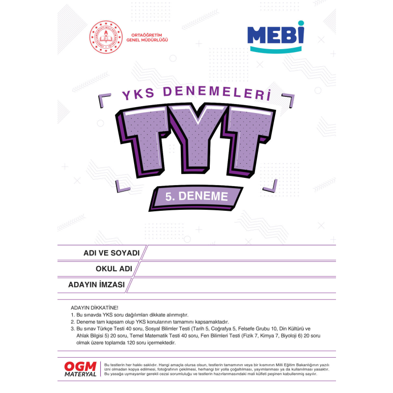 MEBİ YKS Denemeleri TYT 5. Deneme
