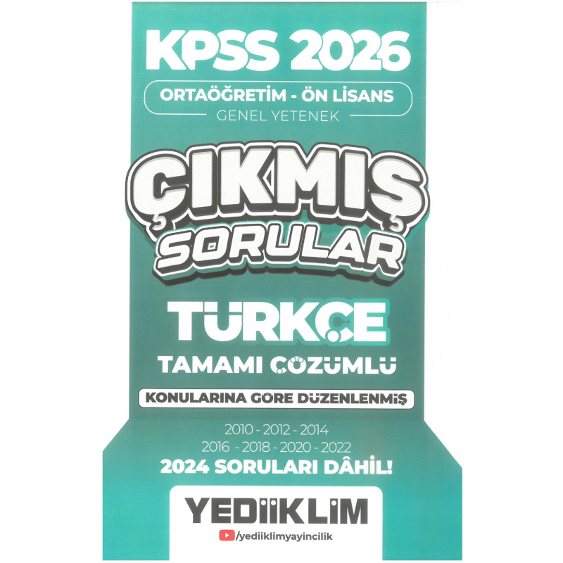 2026 KPSS Ortaöğretim-Önlisans Türkçe Konularına Göre Çıkmış Sorular(2024 soruları dahil) Yediiklim Yayınları