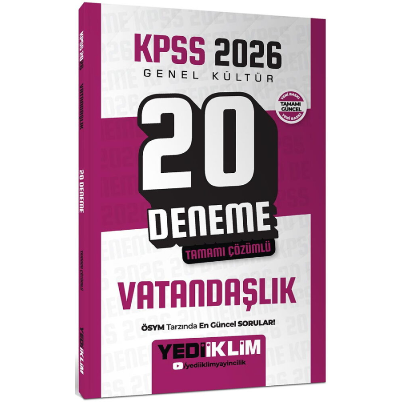 2026 KPSS Genel Kültür Vatandaşlık Tamamı Çözümlü 20 Deneme Yediiklim Yayınları
