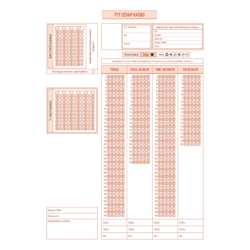 50'Lİ OPTİK FORM RENKLİ A4 ŞEKLİNDE