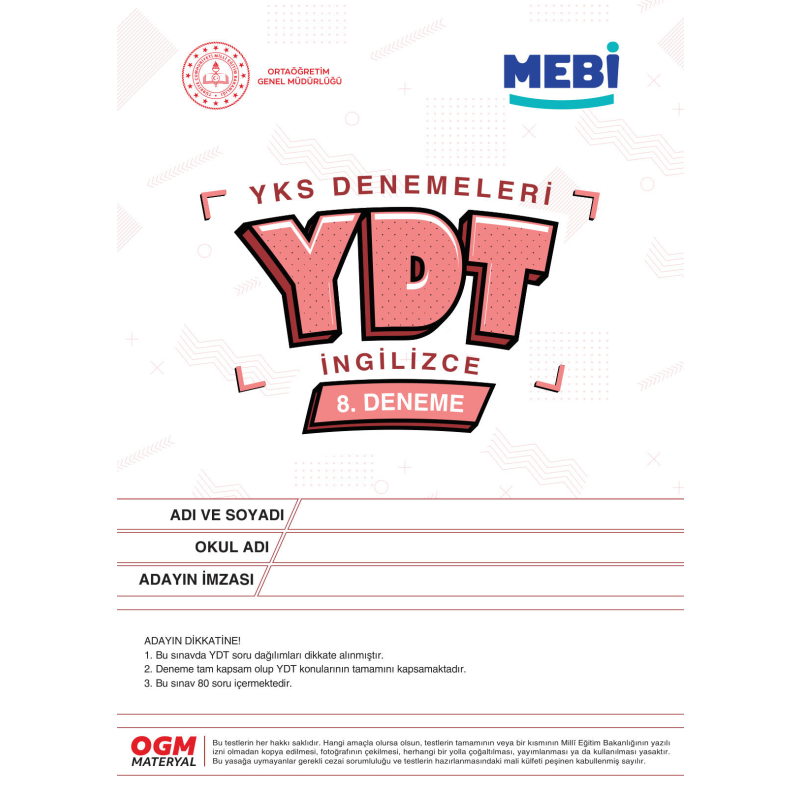 YDT Denemeleri İngilizce 8. Deneme MEBİ