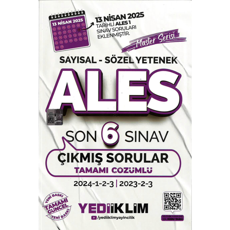 ALES Master Serisi Sayısal Sözel Yetenek Tamamı Çözümlü Son 6 Sınav Çıkmış Sorular Yediiklim Yayınları (2023-2024)