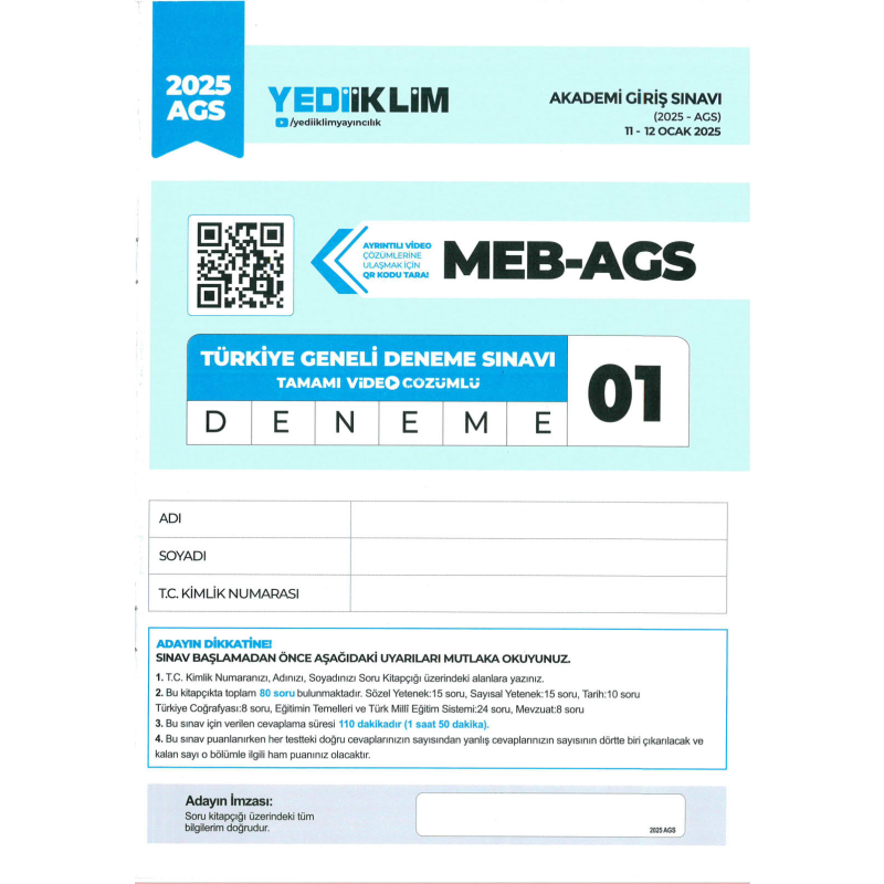 2025 MEB AGS TÜRKİYE GENELİ DENEME SINAVLARI YEDİİKLİM YAYINLARI 1-2-3-4-5 DENEMELER (QR ÇÖZÜMLÜ)
