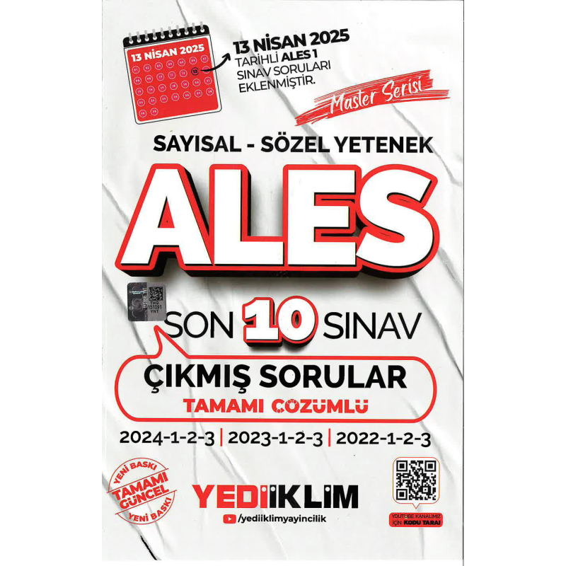 2025 ALES Master Serisi Sayısal Sözel Yetenek Tamamı Çözümlü Son 10 Sınav Çıkmış Sorular Yediiklim Yayınları (2022-2023-2024)