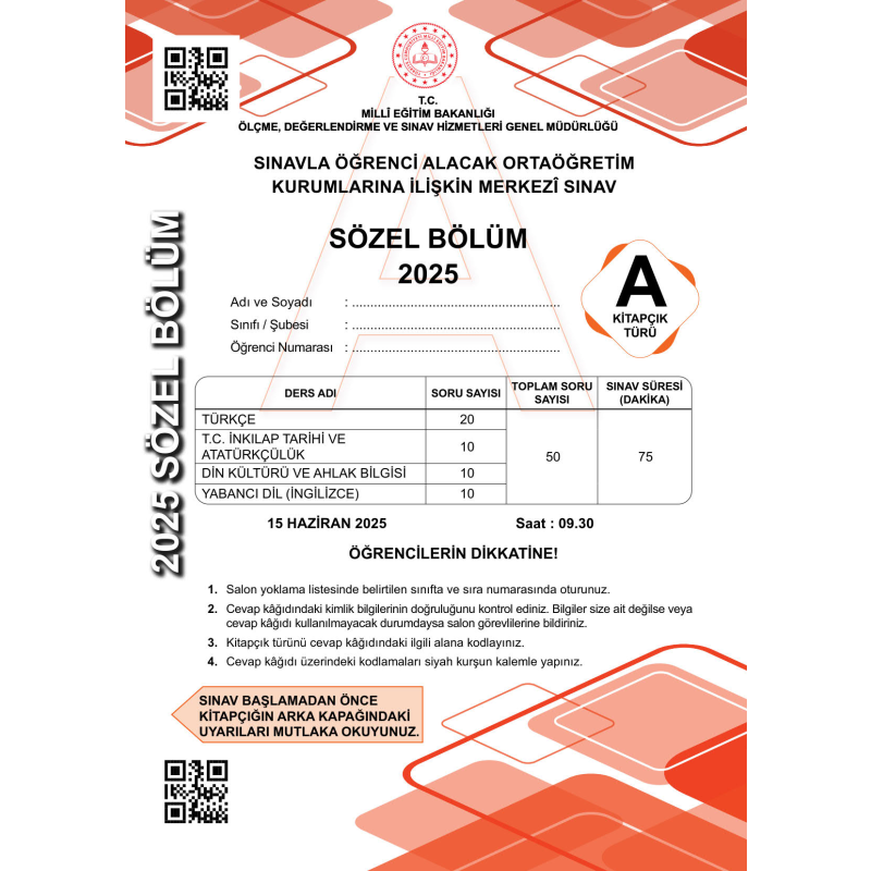 2025 LGS Sınav Soruları (Sözel- Sayısal Beraber)