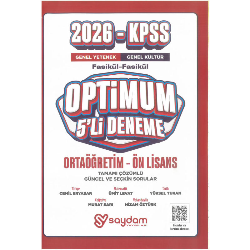 2026 KPSS Lise Ortaöğretim Ön Lisans Optimum 5 Deneme Fasikül Çözümlü Saydam Yayınları