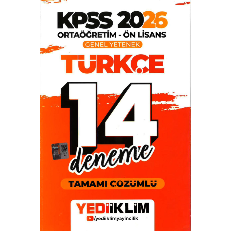 2026 KPSS Ortaöğretim Ön Lisans Genel Yetenek Türkçe Tamamı Çözümlü 14 Deneme Yediiklim Yayınları