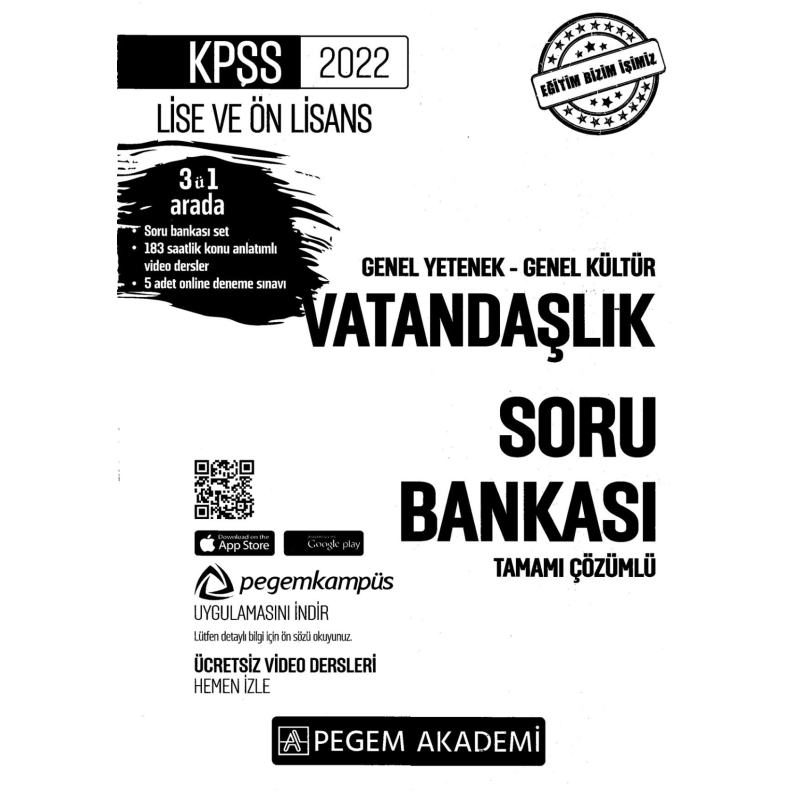 2022 KPSS LİSE VE ÖNLİSANS VATANDAŞLIK SORU BANKASI