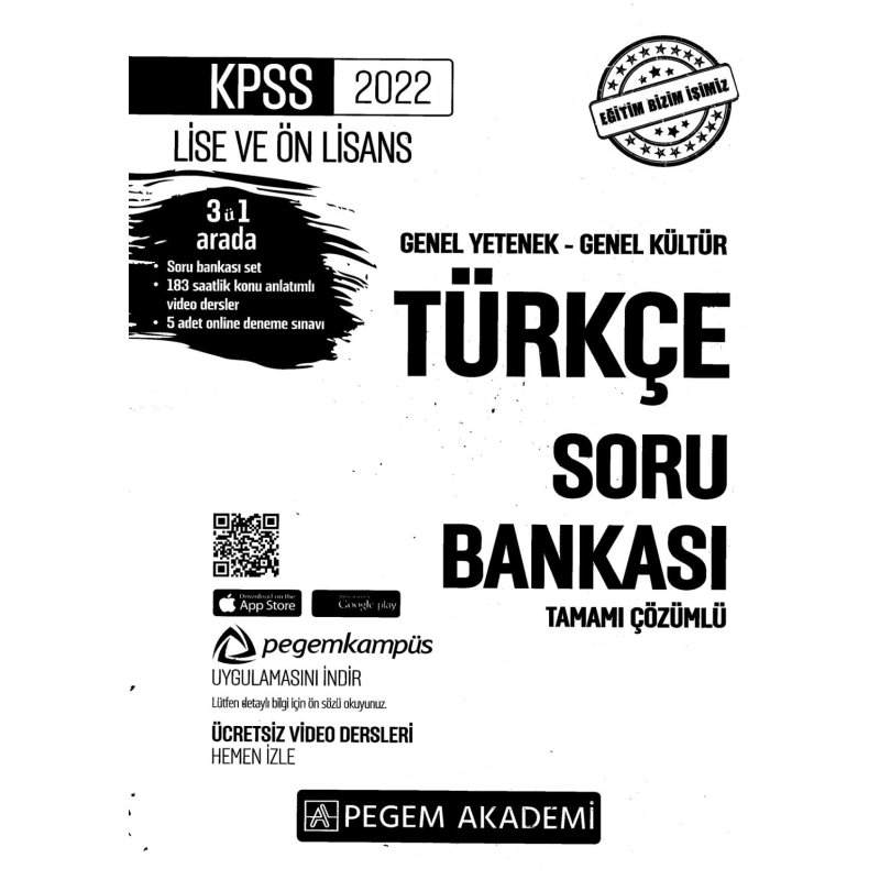 2022 KPSS LİSE VE ÖNLİSANS TÜRKÇE SORU BANKASI