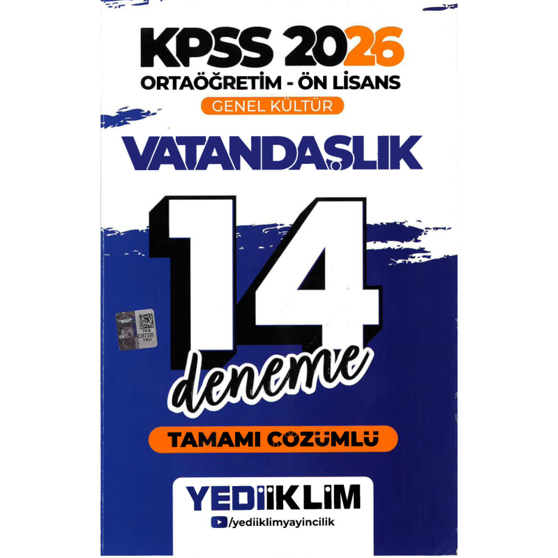 2026 KPSS Ortaöğretim Ön Lisans Genel Kültür Vatandaşlık Tamamı Çözümlü 14 Deneme Yediiklim Yayınları