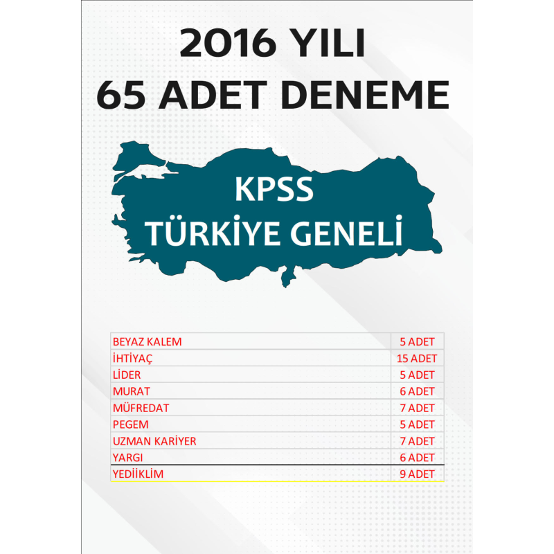 65 ADET TG DENEME 2016 YILI TG LİSTEMİZDEKİ TÜM YAYINLARI KAPSAR (TG100-TG108 ARASI)